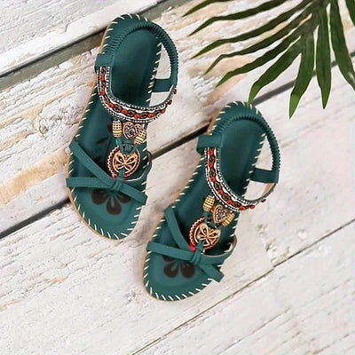 Summer Beach Sandals, Tribal Style Striped Flats for Women with Rhinestone Accents Maximus Echo