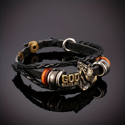 Adjustable Vintage Woven Blessing Fashion Prayer Hand Styling Bracelet | Faux Leather Lettering God Bless | Popular Gift Accessories For Family Friends Holiday Gift - Maximus Echo