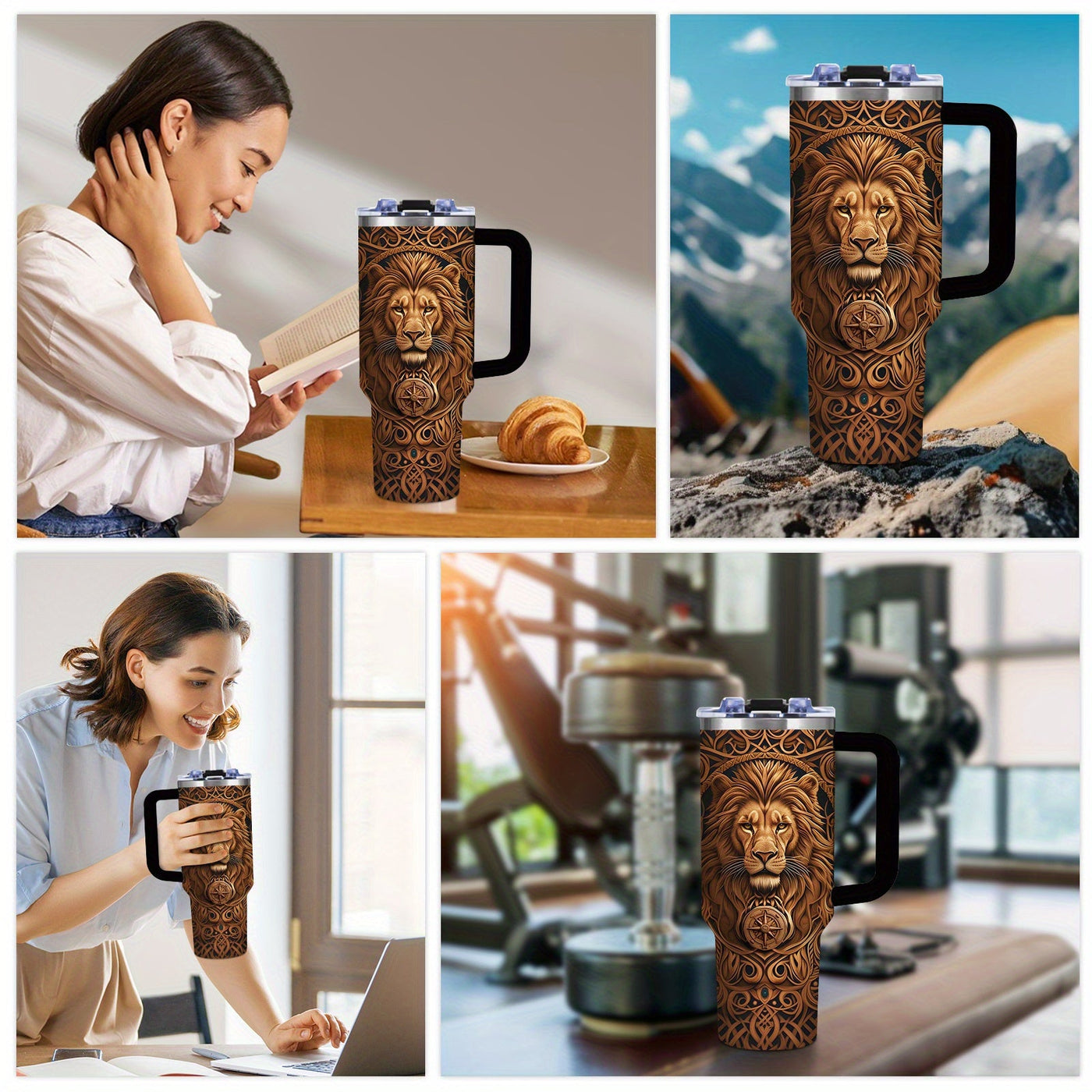 1-Pack Men's Lion Design Insulated Bottle Cup - Brown Lion Head, Leakproof Coffee Cup , Heavy-Duty 304 Stainless Steel Travel Mug (40oz) Maximus Echo