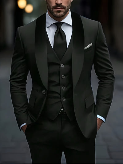 Men's 3pcs suit, plain color green fruit collar suit with jacket and formal trousers, suitable for business gatherings, graduation ceremonies, weddings and parties - Maximus Echo