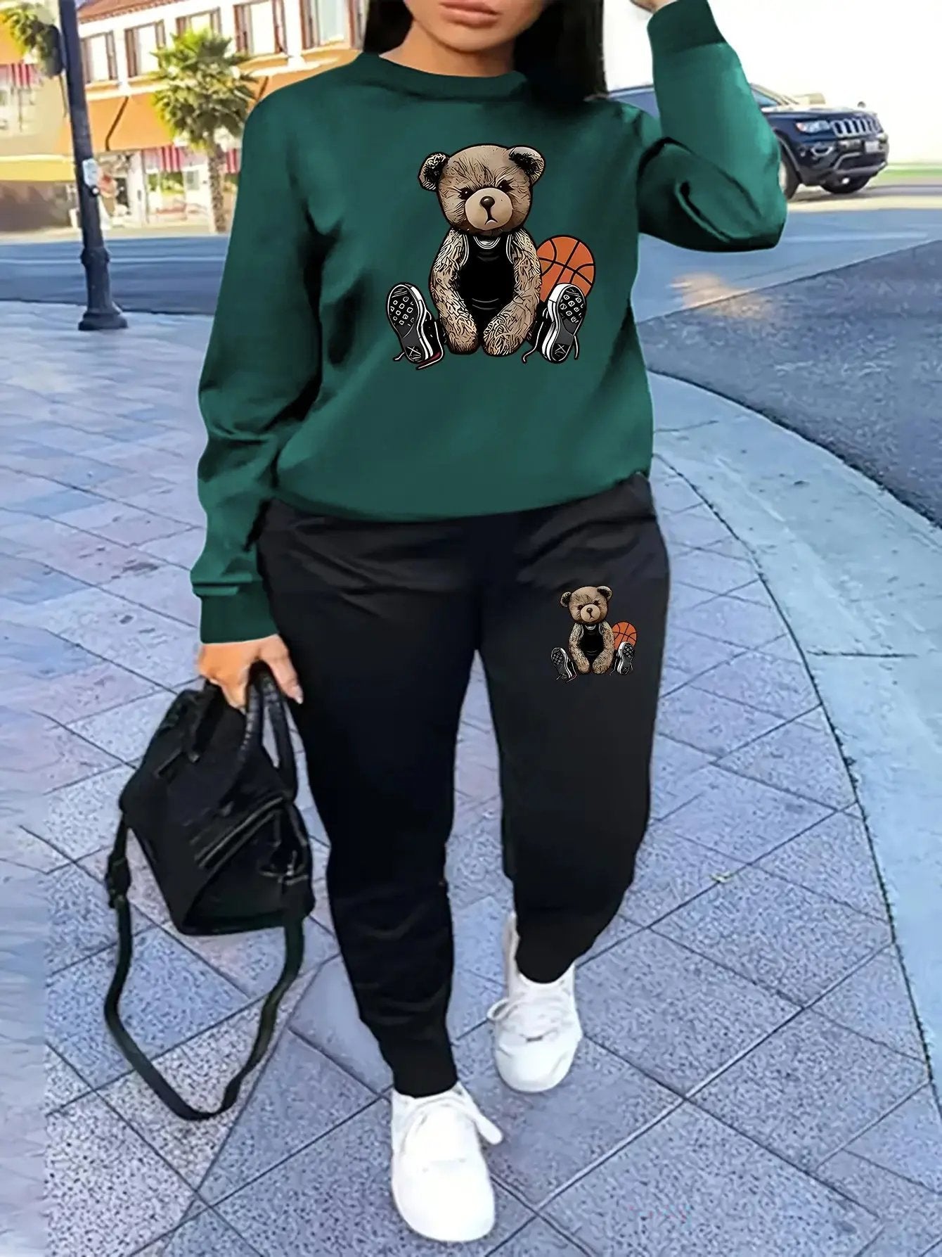 Women'S Casual Sports Fashion Bear Basketball Pattern Crew Neck Sweatshirt Set with Knit Fabric, 100% Polyester Material, Fall/Winter Season