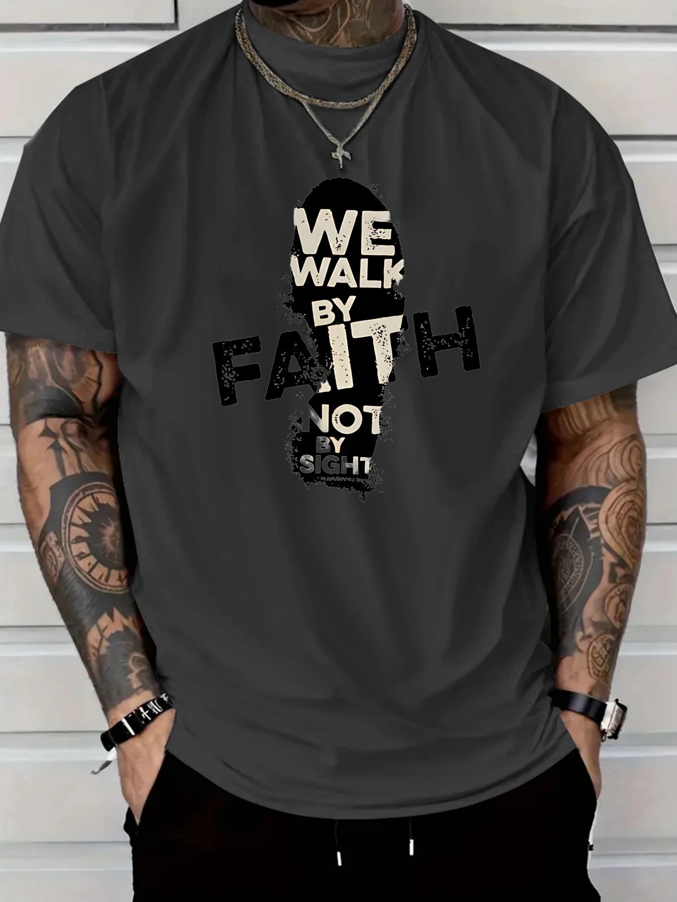 Men's 180g Cotton T-Shirt with "We Walk by Faith Not by Sight"- Casual Round Neck Short Sleeve Tee, Machine Washable, Durable Fabric Shirt - Maximus Echo