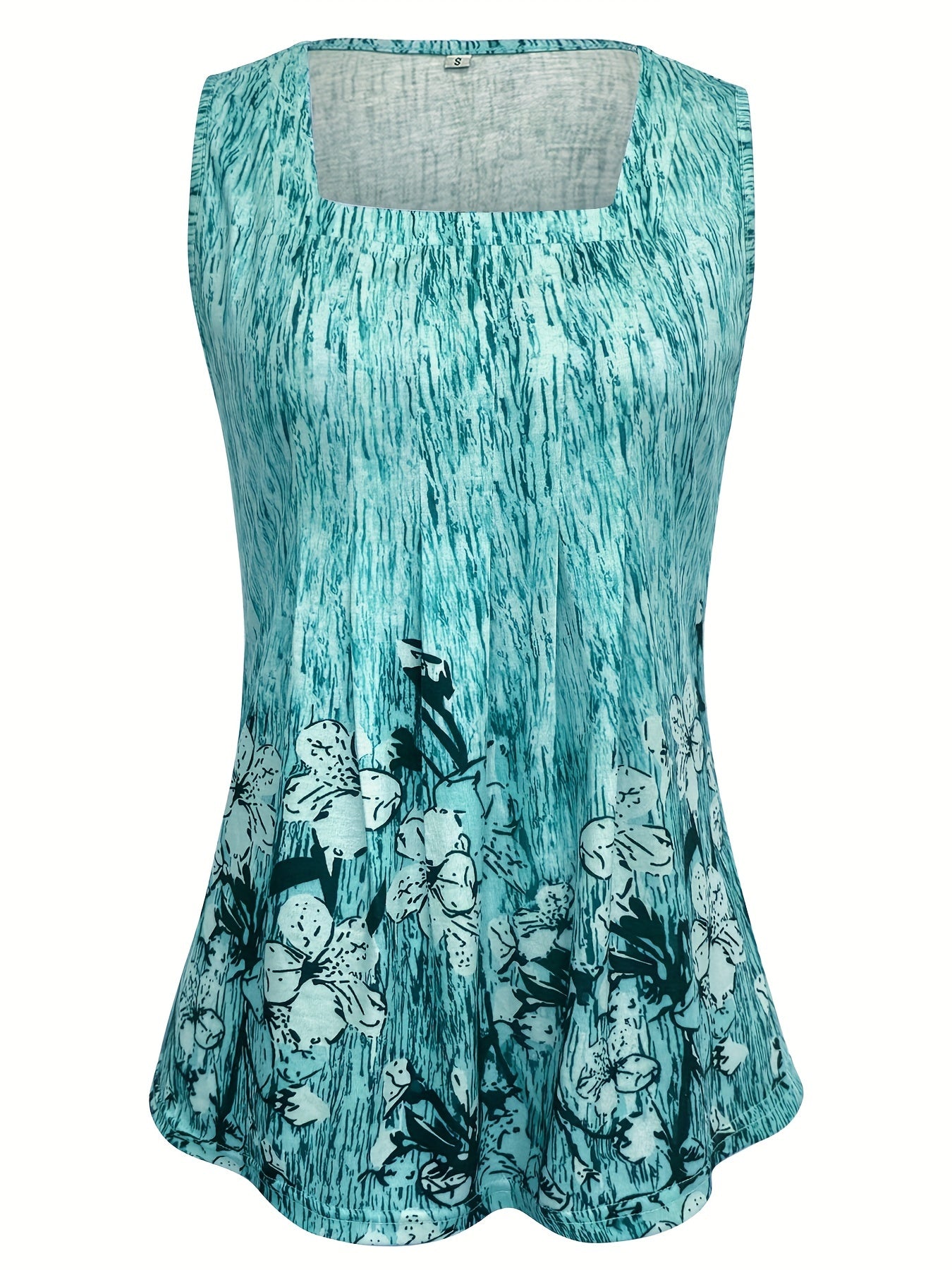 Women's Summer Square Neck Sleeveless Tank Top - Floral Print Ruching Detail, Stretchy Polyester-Spandex Blend, Machine Washable - Maximus Echo