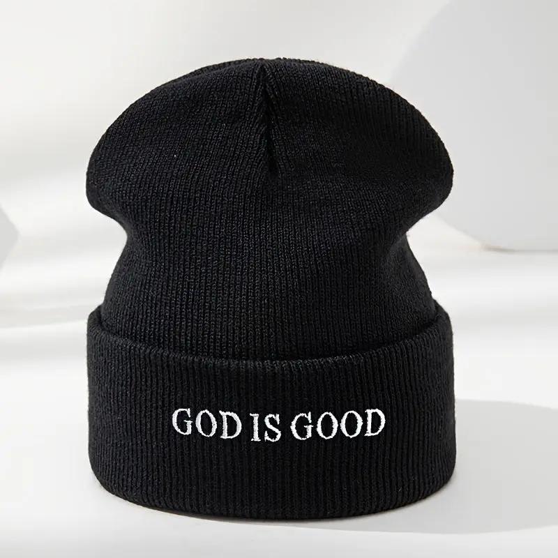Men's & Women's Black Winter Beanie with 'God is Good' White Cursive Lettering