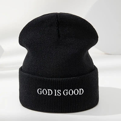 Men's & Women's Black Winter Beanie with 'God is Good' White Cursive Lettering