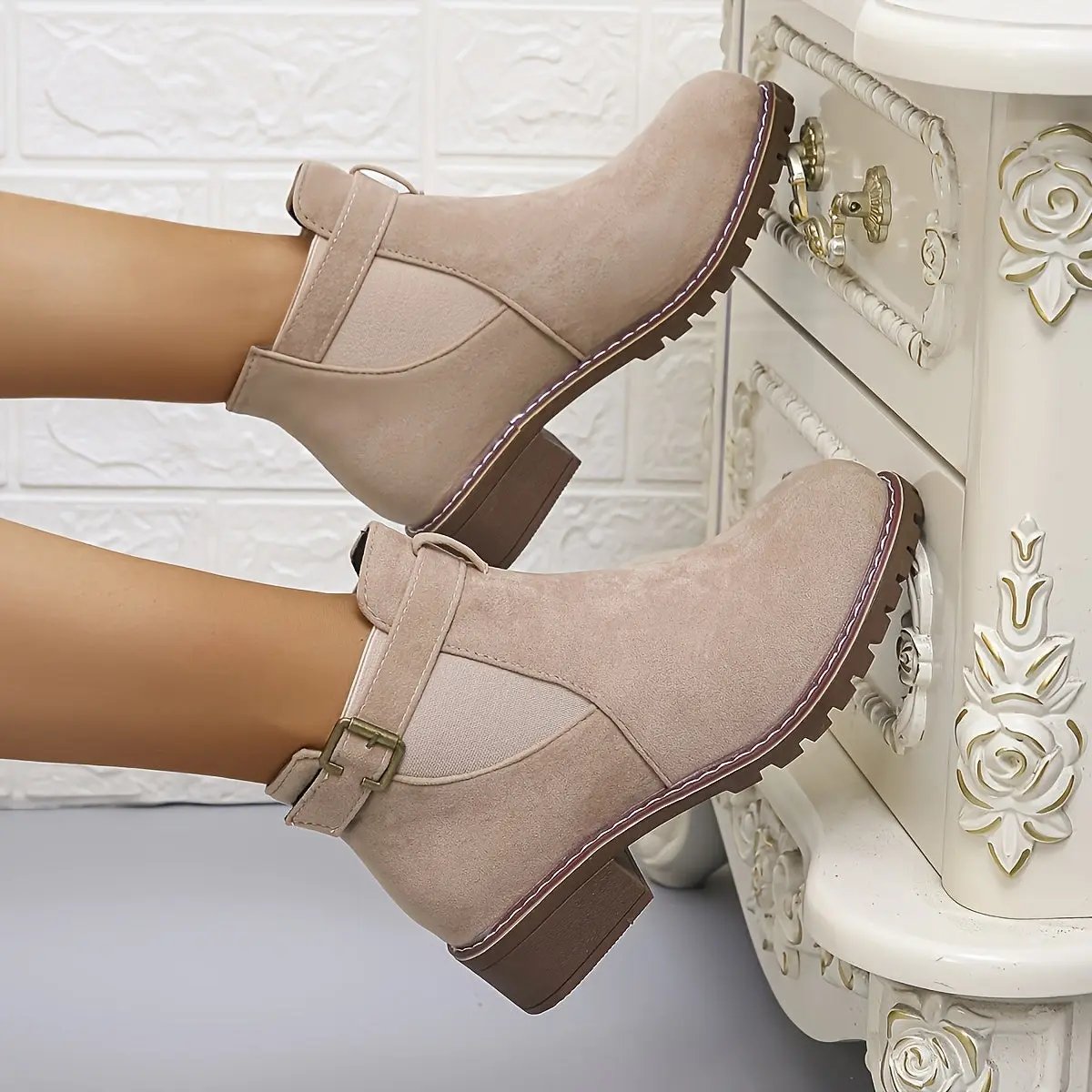 Women's Slip-On Low Heel Ankle Boots - Sporty Chic Round Toe with Decorative Buckle