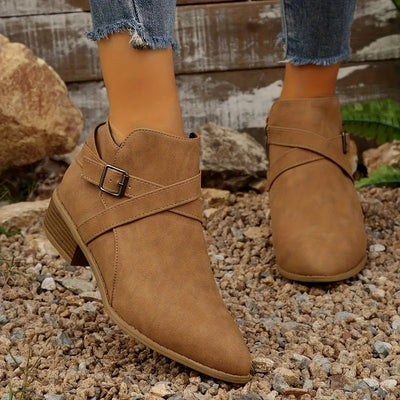 Women's Ankle Boots with Adjustable Buckle Straps & Side Zipper Closure
