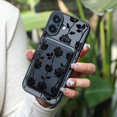 2pcs 1 Set & Luxury All Inclusive Shockproof Black Rose Pattern for Iphone Magnetic Case & Compatible with 1-2 Credit Cards Quality Leather - Maximus Echo