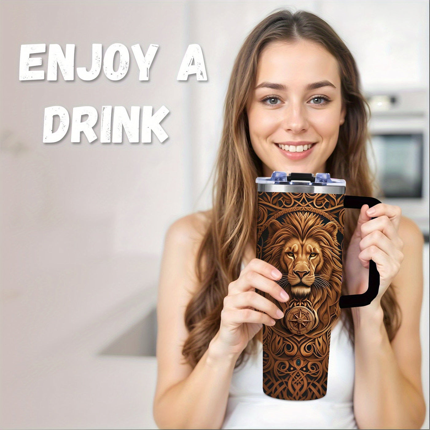 1-Pack Men's Lion Design Insulated Bottle Cup - Brown Lion Head, Leakproof Coffee Cup , Heavy-Duty 304 Stainless Steel Travel Mug (40oz) Maximus Echo