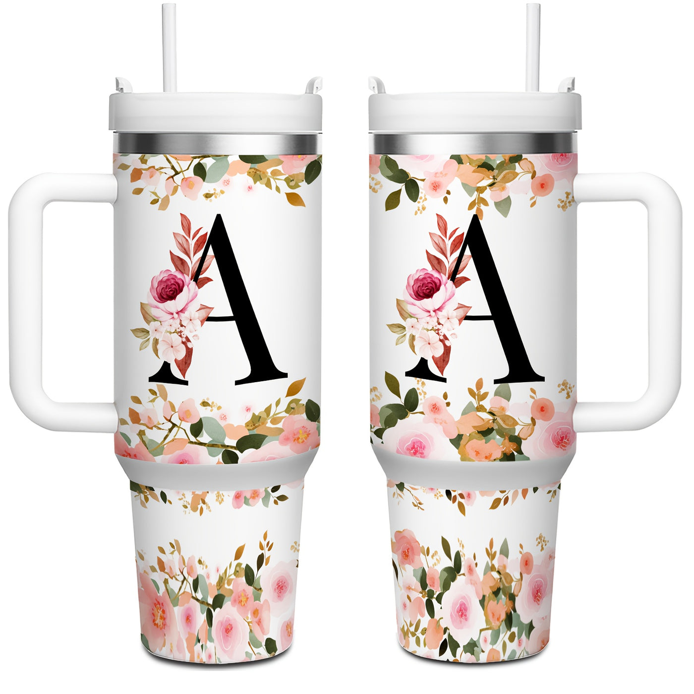 1pc 40oz "A-Z Floral Letters" Stainless Steel Travel Cup, Keeps Hot 12h Cold 24h. Coffee Cup - Maximus Echo