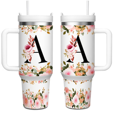 1pc 40oz "A-Z Floral Letters" Stainless Steel Travel Cup, Keeps Hot 12h Cold 24h. Coffee Cup - Maximus Echo