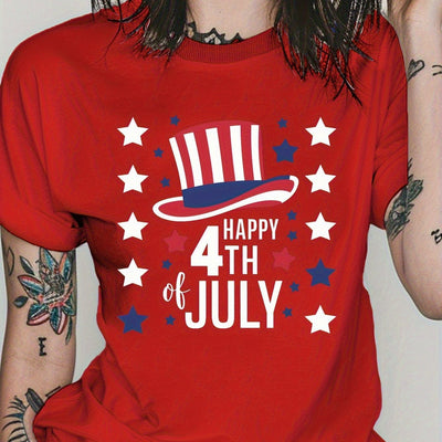 4th of July Patriotic Women's T-Shirt - Happy 4th of July Stars & Stripes Design, Soft 100% Cotton Regular Fit Short Sleeve Round Neck Casual - Maximus Echo