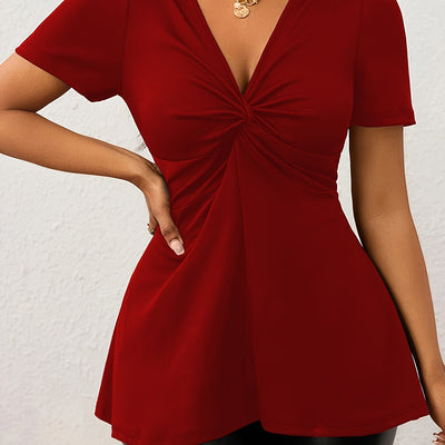 Women'S Elegant Solid Color V-Neck Twist-Front Loose Hem Stretchy Comfortable Basic T-Shirt Top - Maximus Echo