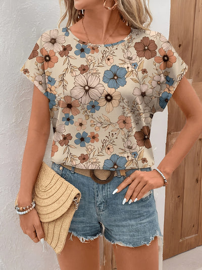 Women'S Elegant Floral Print V-Neck Blouse, Short Sleeve, Regular Fit, Spring/Summer Casual Retro Top, Floral Print Blouse - Maximus Echo