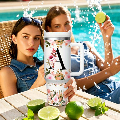 1pc 40oz "A-Z Floral Letters" Stainless Steel Travel Cup, Keeps Hot 12h Cold 24h. Coffee Cup - Maximus Echo