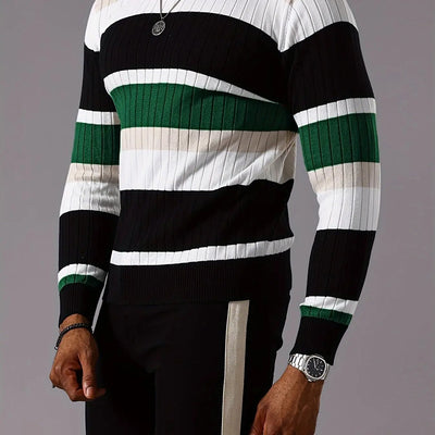 Men's Striped Color-Block Ribbed Knit Sweater - Long Sleeve Round Neck Pullover with Elastic