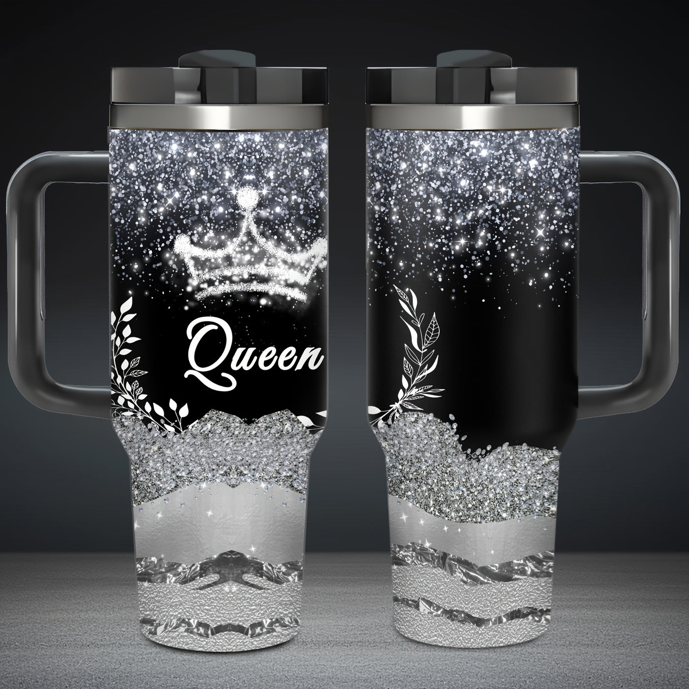 1pc 40oz Queen Crown Glitter Tumbler with Handle, Stainless Steel Double-Wall Vacuum - Maximus Echo
