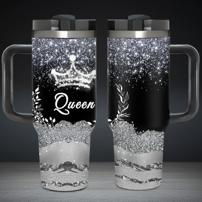 1pc 40oz Queen Crown Glitter Tumbler with Handle, Stainless Steel Double-Wall Vacuum - Maximus Echo