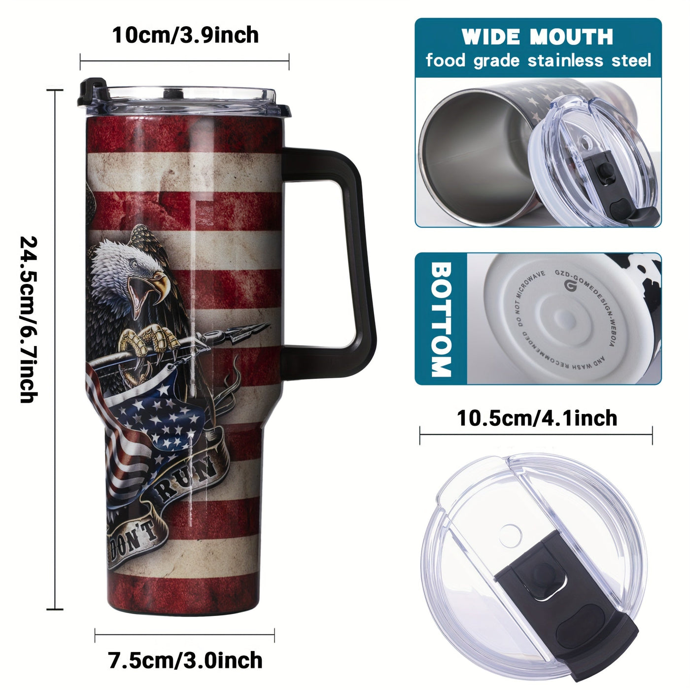 Gome American Flag & Eagle 40 oz Tumbler with Handle - Stainless Steel Cup with Straw Maximus Echo