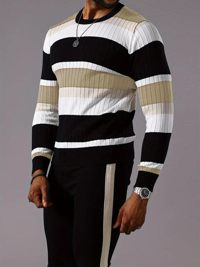 Men's Striped Color-Block Ribbed Knit Sweater - Long Sleeve Round Neck Pullover with Elastic