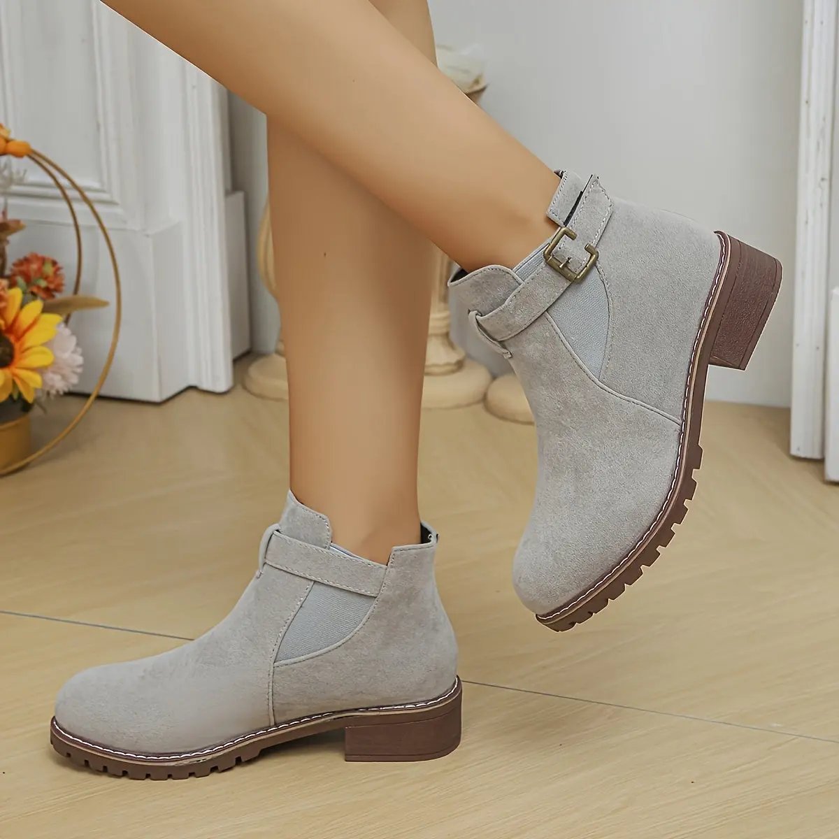 Women's Slip-On Low Heel Ankle Boots - Sporty Chic Round Toe with Decorative Buckle