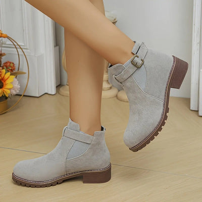 Women's Slip-On Low Heel Ankle Boots - Sporty Chic Round Toe with Decorative Buckle