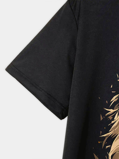 Golden Lion Crew Neck T-Shirt - Kingly Lion Crown Sword, Short Sleeve, Casual Maximus Echo