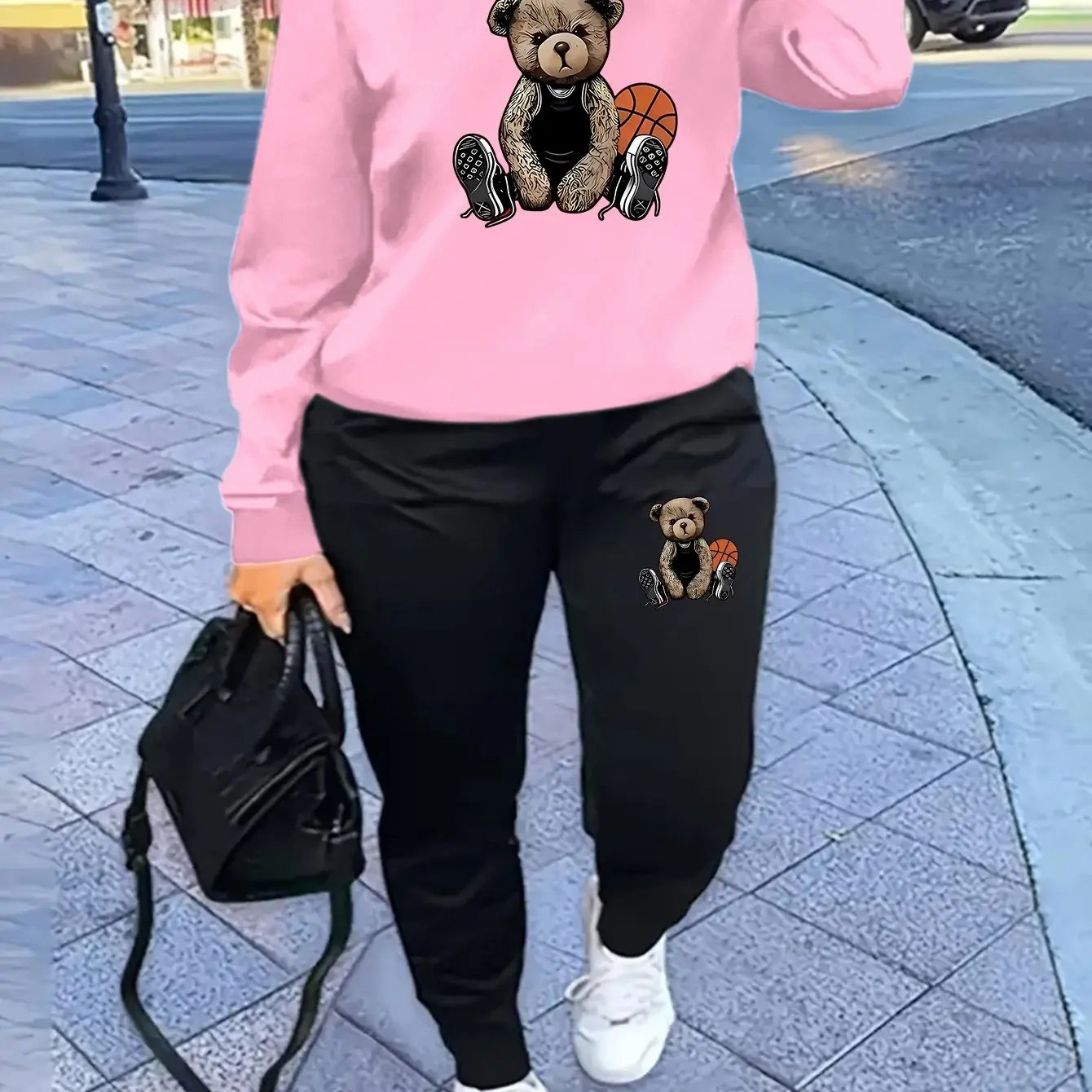 Women'S Casual Sports Fashion Bear Basketball Pattern Crew Neck Sweatshirt Set with Knit Fabric, 100% Polyester Material, Fall/Winter Season