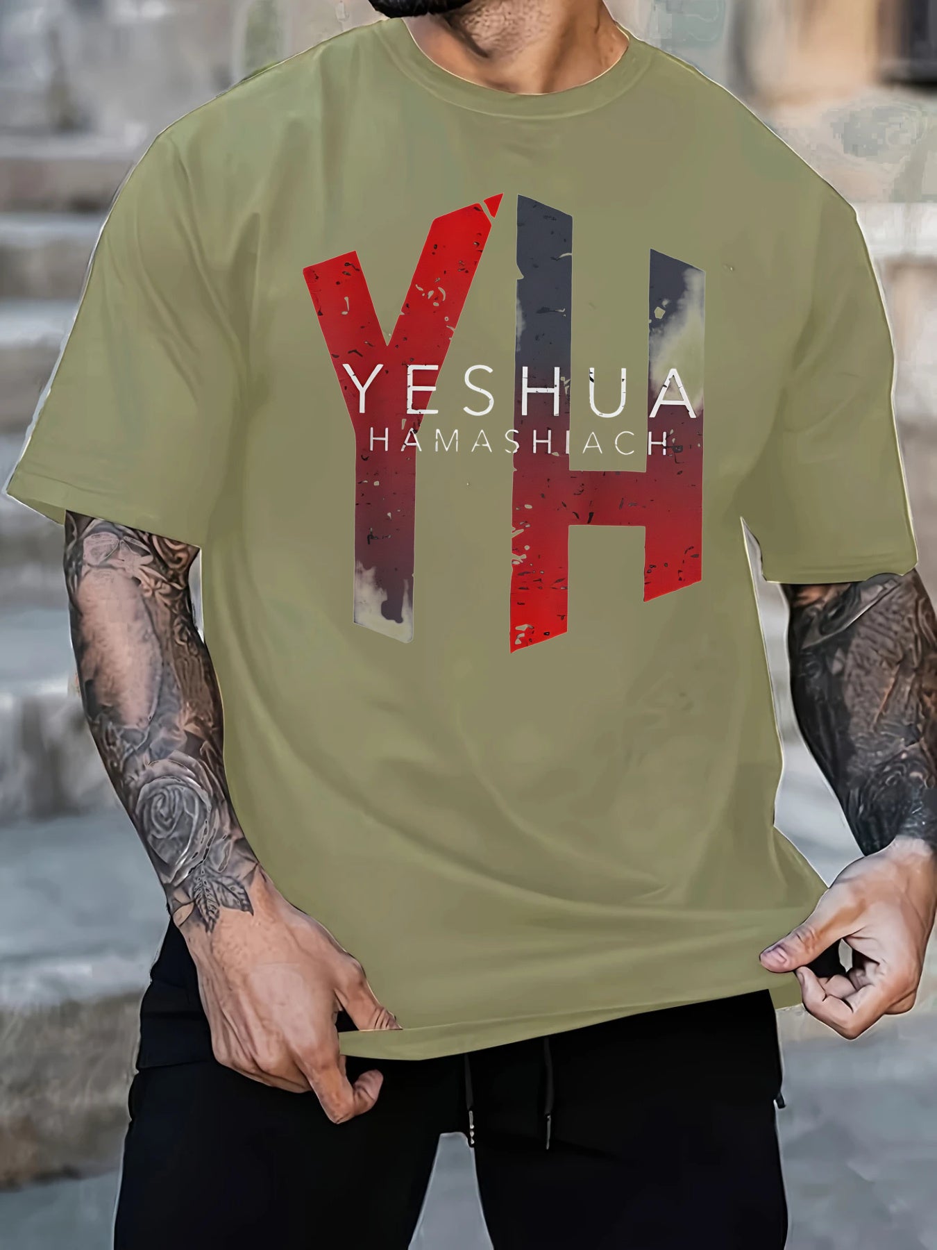 2025 Men's Casual Cotton T-Shirt with Yeshua Hamashiah Graphic Print -  Short Sleeve Round Neck, Fit for All-Season Comfort, Machine Washable - Maximus Echo