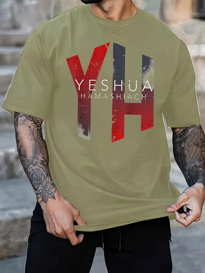 2025 Men's Casual Cotton T-Shirt with Yeshua Hamashiah Graphic Print -  Short Sleeve Round Neck, Fit for All-Season Comfort, Machine Washable - Maximus Echo