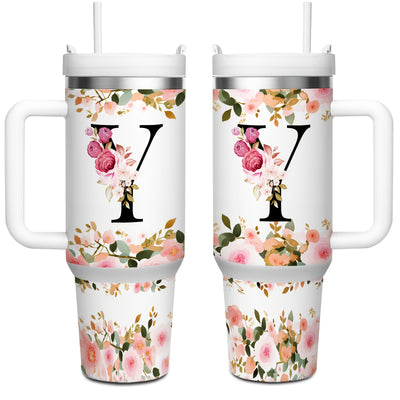 1pc 40oz "A-Z Floral Letters" Stainless Steel Travel Cup, Keeps Hot 12h Cold 24h. Coffee Cup - Maximus Echo