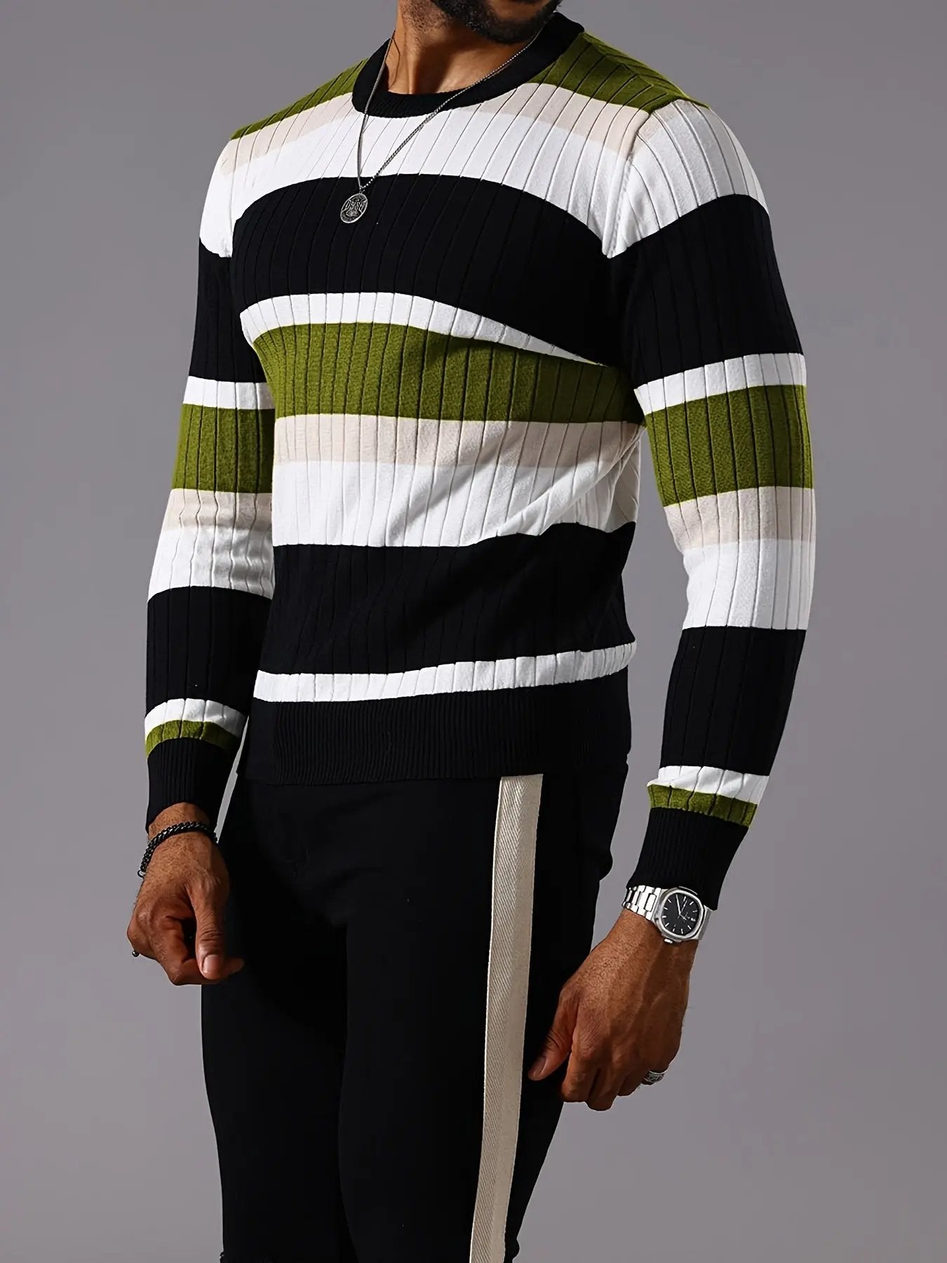 Men's Striped Color-Block Ribbed Knit Sweater - Long Sleeve Round Neck Pullover with Elastic