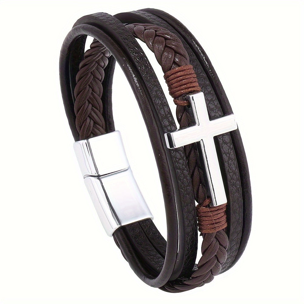 1pc PU Leather Fashion Magnetic Buckle Cross Simple Men's Versatile Woven Bracelet, Father's Day Gift - Maximus Echo