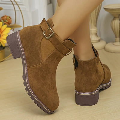 Women's Slip-On Low Heel Ankle Boots - Sporty Chic Round Toe with Decorative Buckle