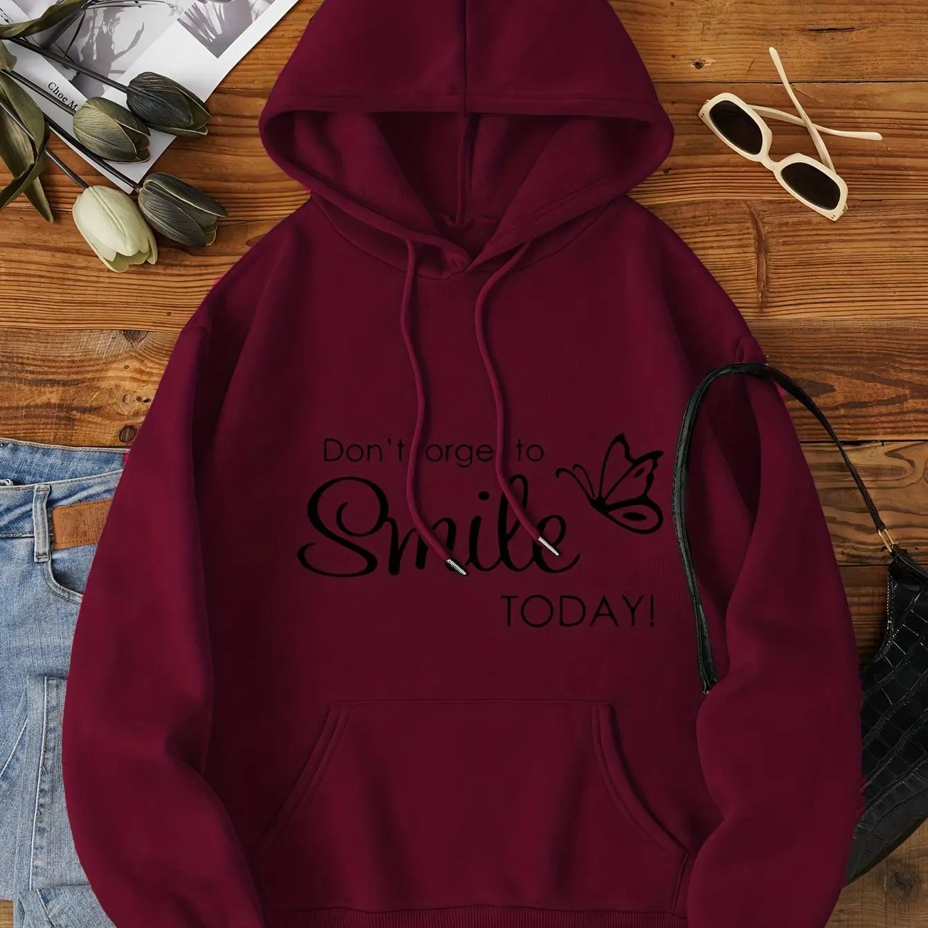 Women's Burgundy Hooded Sweatshirt - Maroon Winter Warm Pullover Hoodie Maximus Echo