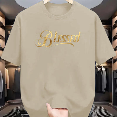 Men's "Blessed" Golden Letter Print Maroon Casual Short Sleeve T-Shirt - Summer Outdoor Gym Training Tee Maximus Echo