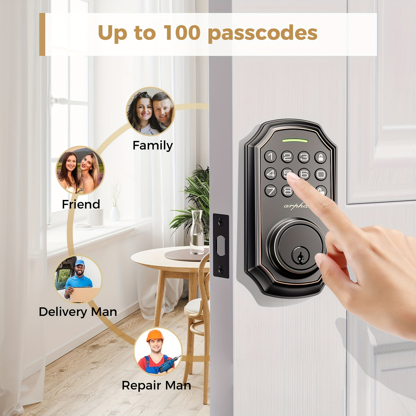 Arpha Smart Keyless Entry Door Lock - 100 Code Anti-Peek Combination, Auto Lock/Unlock, Easy Installation, Black & Orange, Low Battery Alarm, for Secure Home Access - Maximus Echo