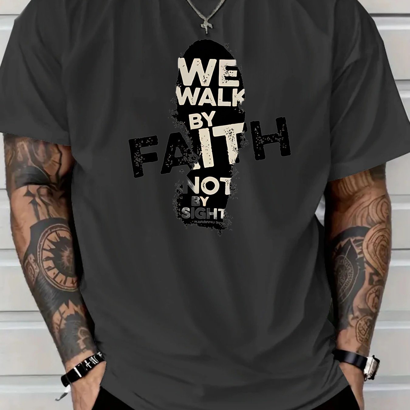 Men's 180g Cotton T-Shirt with "We Walk by Faith Not by Sight"- Casual Round Neck Short Sleeve Tee, Machine Washable, Durable Fabric Shirt - Maximus Echo