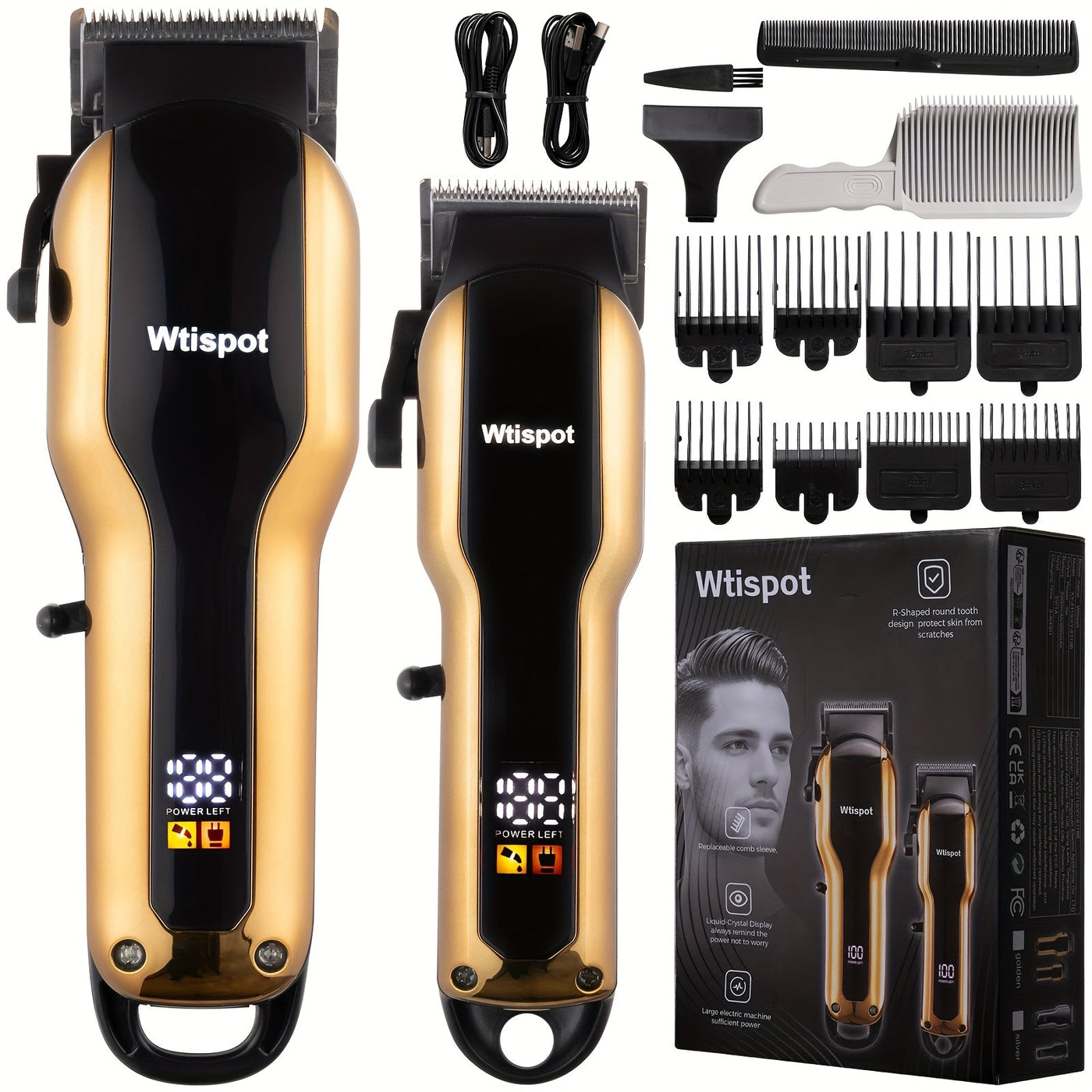 3pcs/se 1pc/sett Men's Professional Golden Hair Clipper & Trimmer Set - USB Rechargeable Hair Cutting Including Electric Shaver,3 Cleaning Brushes Maximus Echo