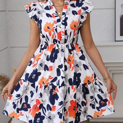 100% Polyester Floral Print Mini Dress - Vacation Style with Flutter Sleeves for Women's Summer - Maximus Echo