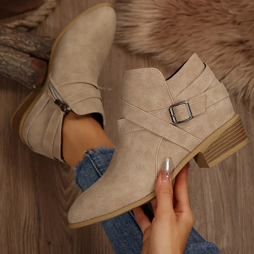 Women's Ankle Boots with Adjustable Buckle Straps & Side Zipper Closure