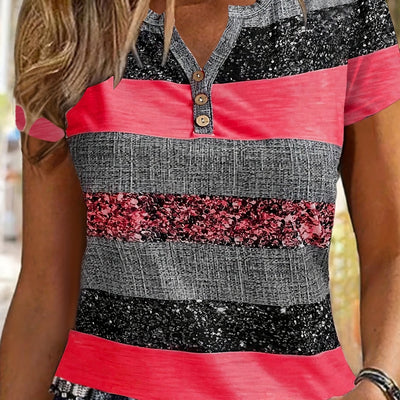 Stylish Summer Women's Striped V-Neck T-Shirt with Button Detail - Lightweight Polyester Blend, Machine Washable - Maximus Echo