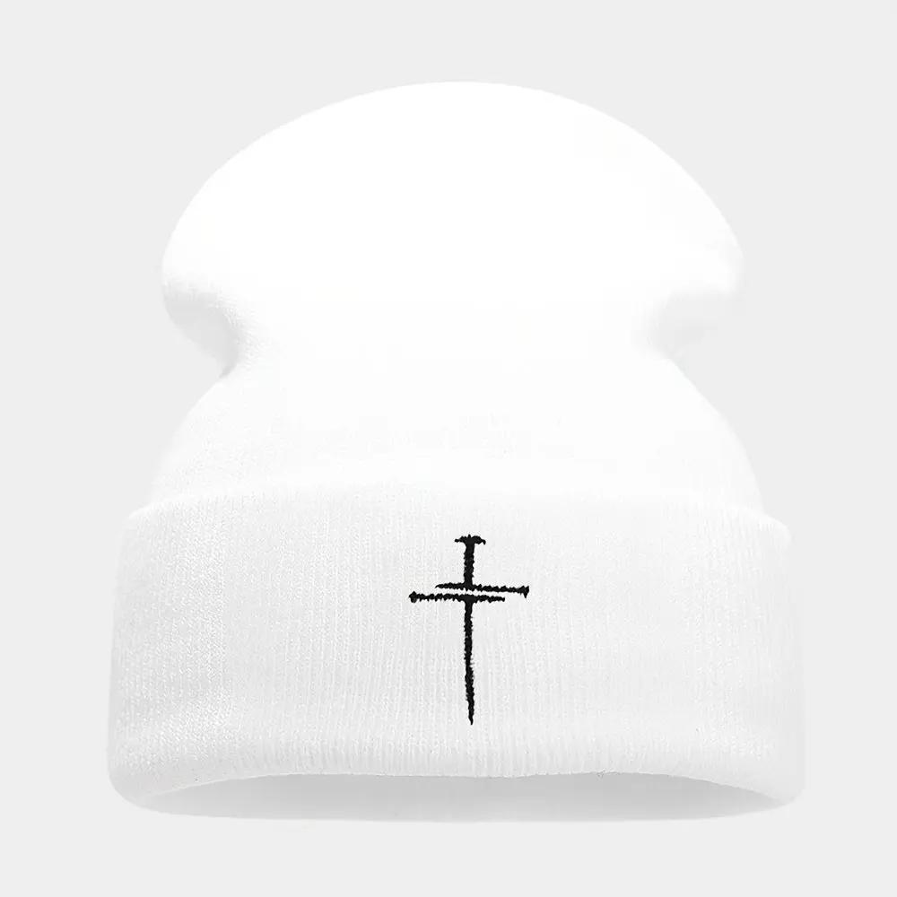 Unisex White & Blue/ Grey Knit Beanie Hats with Cross- Winter