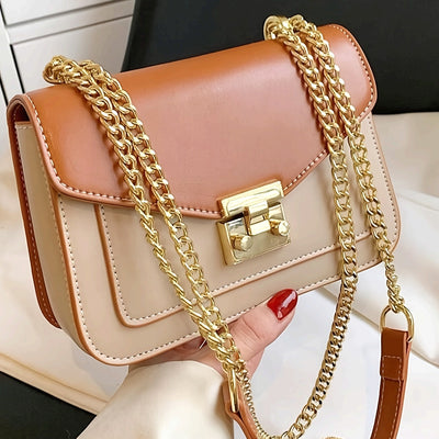 Elegant Beige & Brown Mini Turnlock Square Shoulder Bag with Golden Chain Strap | Office Bag, Chain Strap Bag, Turnlock Closure, Ideal for Work, Office - Maximus Echo