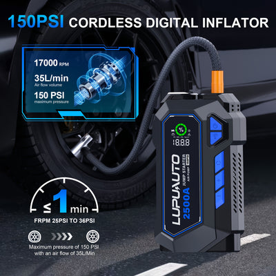 50000mAh Portable Wireless Car Air Compressor, Battery Jump Starter Portable Peak, Car Battery Charger Portable For 150PSI 12V(7.0LGas/5.0LDiesel) Start The Car Quickly - Maximus Echo
