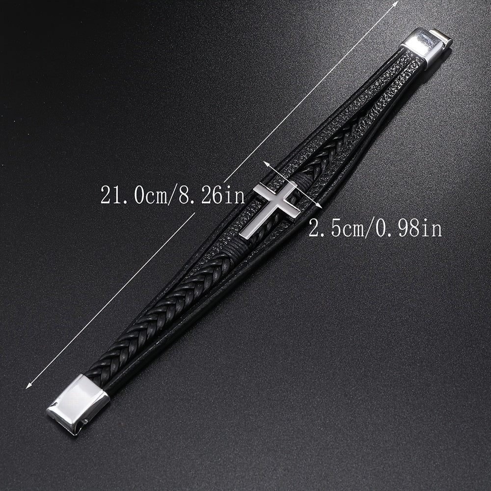 1pc PU Leather Fashion Magnetic Buckle Cross Simple Men's Versatile Woven Bracelet, Father's Day Gift - Maximus Echo