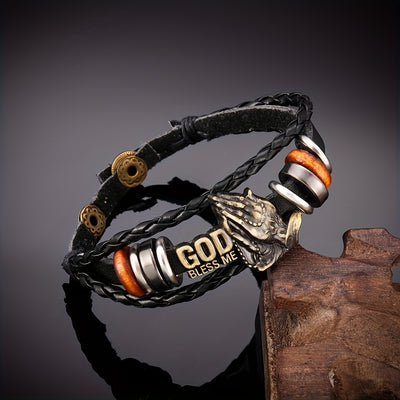 Adjustable Vintage Woven Blessing Fashion Prayer Hand Styling Bracelet | Faux Leather Lettering God Bless | Popular Gift Accessories For Family Friends Holiday Gift - Maximus Echo