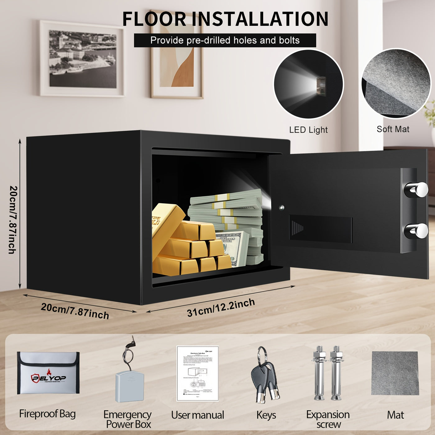 Safe Box, Security Safe Box, Safety Box With Fireproof Document Bag, Backlit Keypad, Display Screen, LED Light, Mute Function, Key Lock, Fireproof Safe For Home Documents Hotel Office, Size 7.87"H X 12.20"W X 7.87"D - Maximus Echo