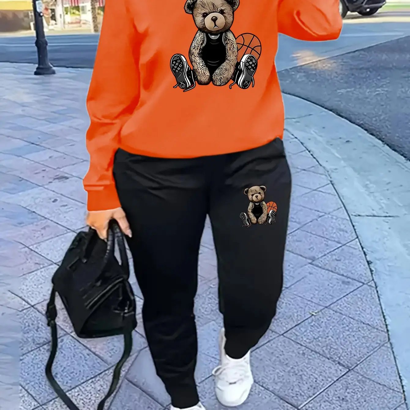 Women'S Casual Sports Fashion Bear Basketball Pattern Crew Neck Sweatshirt Set with Knit Fabric, 100% Polyester Material, Fall/Winter Season