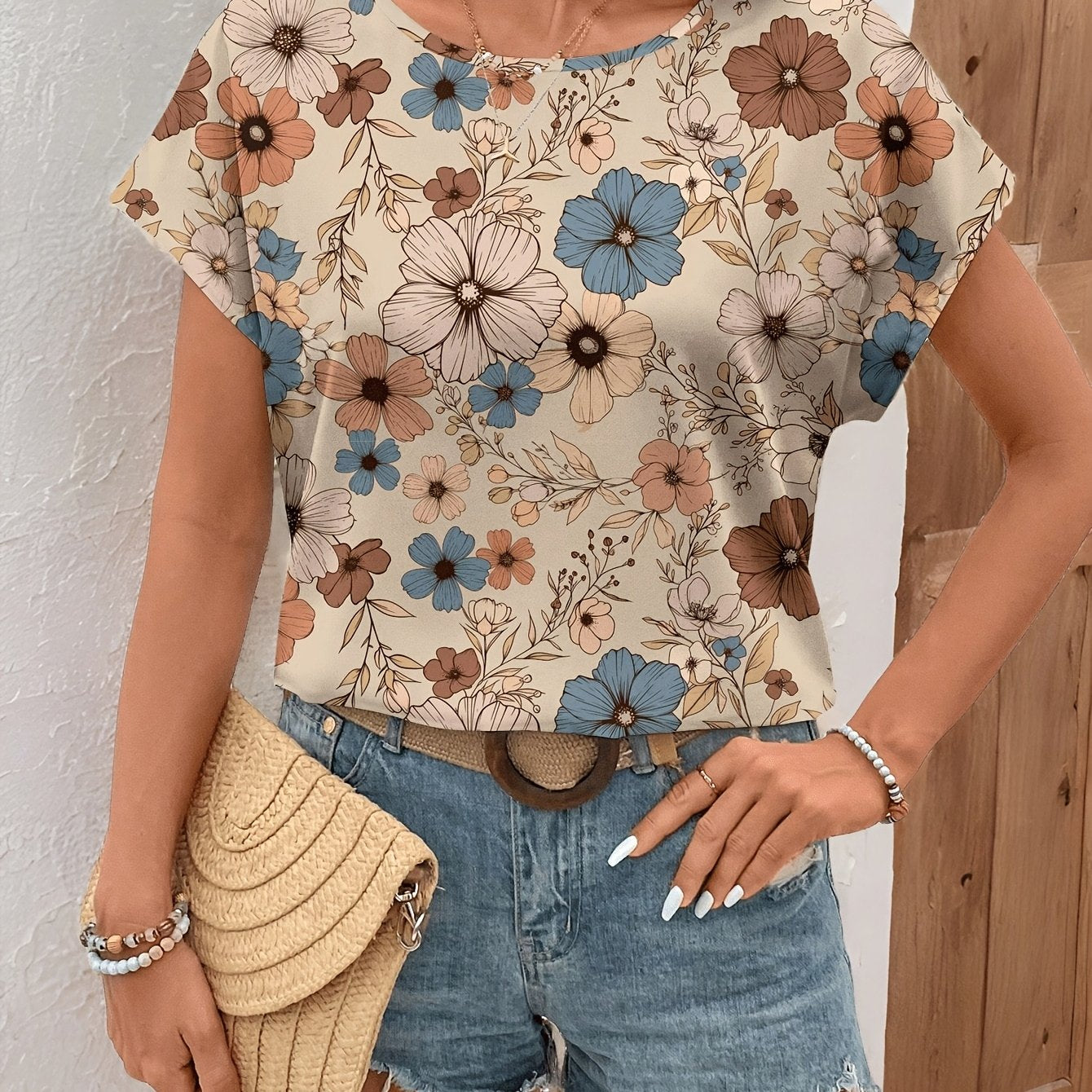 Women'S Elegant Floral Print V-Neck Blouse, Short Sleeve, Regular Fit, Spring/Summer Casual Retro Top, Floral Print Blouse - Maximus Echo